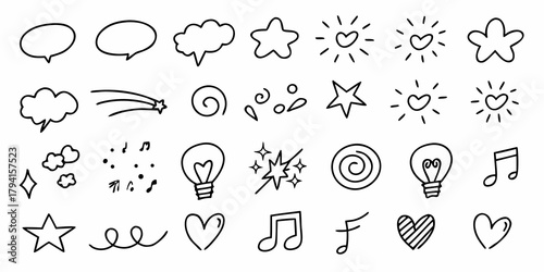 Collection of hand drawn doodle elements including speech bubbles stars hearts lightbulbs and musical notes