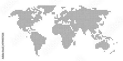 World map represented by a pattern of dark dots on a white background