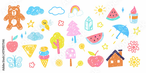 Collection of cute hand drawn crayon style illustrations for children including a teddy bear bee house and ice cream