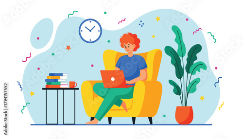 A person sitting comfortably in a yellow armchair with a laptop, surrounded by colorful confetti and a plant, representing remote work or leisure time