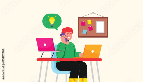 A person working remotely at a desk with two laptops, talking on the phone, and having a bright idea, symbolizing productivity and innovation