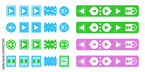 Collection of flat design icons for media playback controls and video editing elements