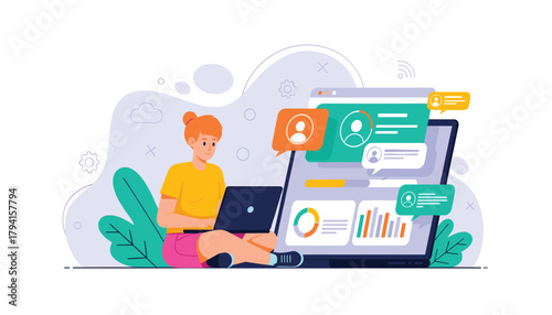 Young woman working on laptop with data analytics dashboard on computer screen, concept of remote work and digital marketing strategy