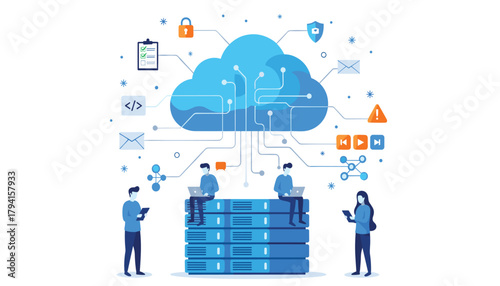 Cloud computing concept with people working on laptops connected to a central cloud server
