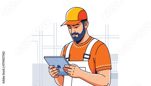 Construction worker in orange overalls and yellow cap holding a tablet computer