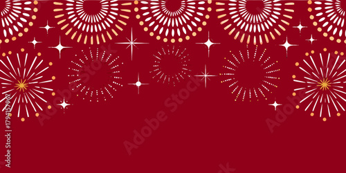 Festive red background with sparkling fireworks and starbursts creating a celebratory border