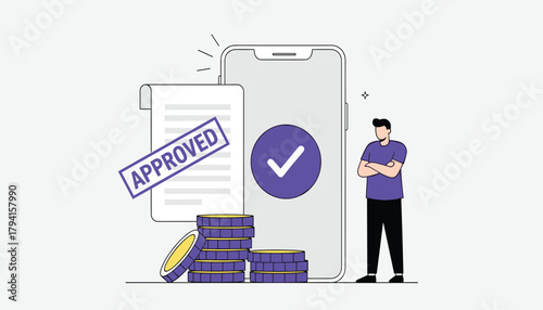 Mobile payment approved with a checkmark on screen and coins, representing successful transaction and financial approval