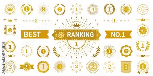 Collection of golden award badges medals crowns and ranking icons for best performance and first place