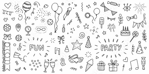 Collection of hand drawn party elements and celebratory icons in doodle style