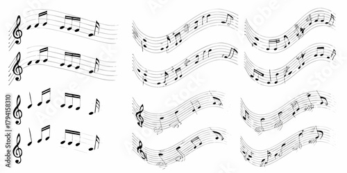 Collection of musical notes and staves creating a wavy pattern on a white background