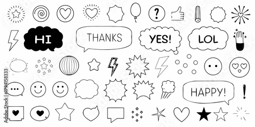 Collection of hand drawn doodle icons and speech bubbles with various symbols and words
