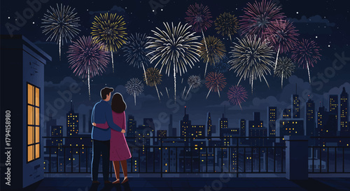 Young couple embracing on a city rooftop terrace, watching a dazzling fireworks show light up the night sky over the urban landscape during a festive celebration
