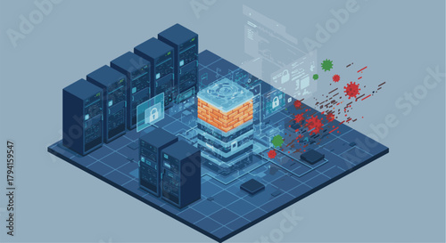 Isometric data center server rack with digital cybersecurity protection against virus attack