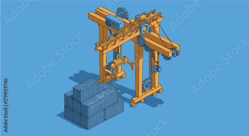 Isometric vector illustration of an industrial gantry crane lifting shipping containers, symbolizing modern logistics and efficient cargo transport operations at a global port