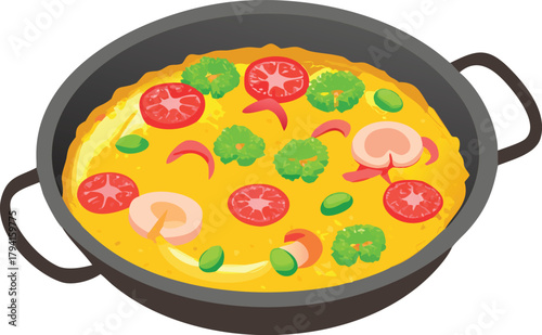 A vibrant pan of paella showcasing tomatoes peas and sliced mushrooms