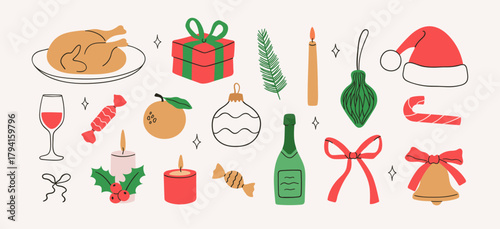 Whimsical christmas new year set in doodle style. Hand-drawn christmas dinner.