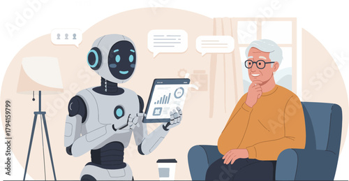 Artificial intelligence robot providing healthcare assistance and support to an elderly man, illustrating the future of senior care
