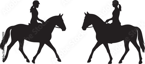 Two women riding horses in silhouette
