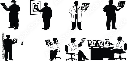 Medical imaging silhouettes, radiology professionals, X-ray analysis, healthcare diagnostics, lab coat figures, workstation monitors, clinical review, diagnostic workflow, black and white