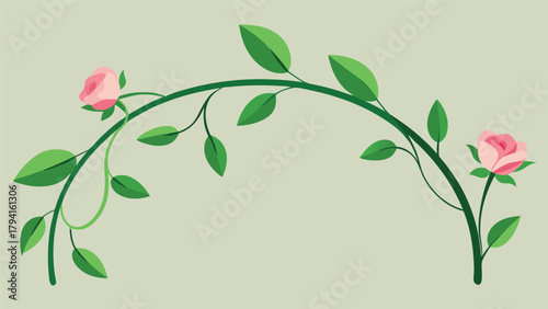 Delicate archway design featuring a curved green vine adorned with soft pink roses and lush green leaves on a subtle neutral background