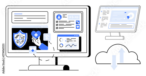 Computer screens displaying healthcare data, analytics, and user profiles with cloud uploaddownload element. Ideal for telemedicine, data security, remote services, innovation, analytics, health