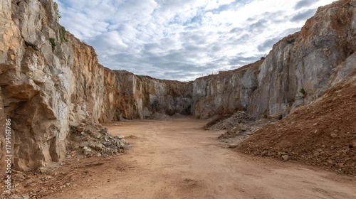 Expansive open air quarry pit with steep rock walls a barren dirt floor and dramatic cloudy sky