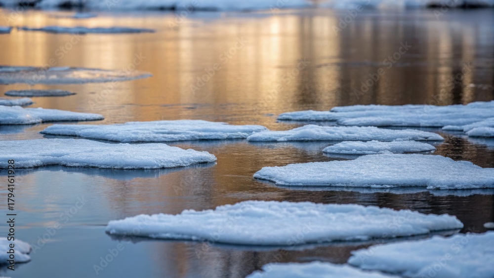 Fototapeta premium Ice formations float on a tranquil water surface, reflecting warm colors of the sunset, creating a serene winter landscape.