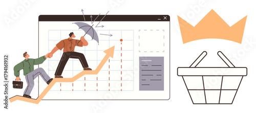 Two professionals climb upward arrow over graph, symbolizing progress despite challenges. Elements include an umbrella for protection, crown for success, and basket for retail growth. Ideal