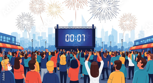 Thrilled crowd enjoying a festive countdown event with spectacular fireworks exploding over a vibrant city skyline at night, marking a special occasion