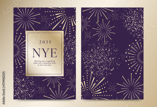 Elegant New Year Eve Invitation with Gold Fireworks and Purple Background