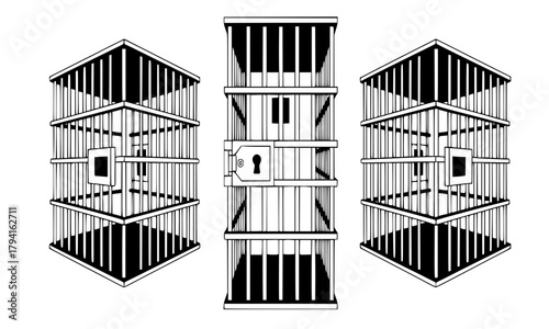 Set of Prison Cell Bar Line Art Vector Illustrations, Jail Cage Corner View with Heavy Lock, Criminal Justice and Imprisonment Concept
