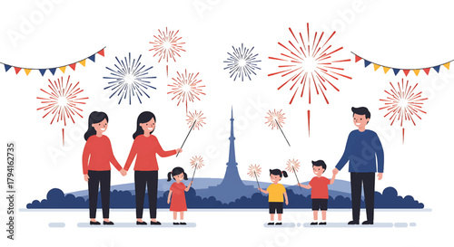 Families celebrate with colorful fireworks and sparklers near a prominent city landmark, enjoying a festive evening together under a vibrant night sky