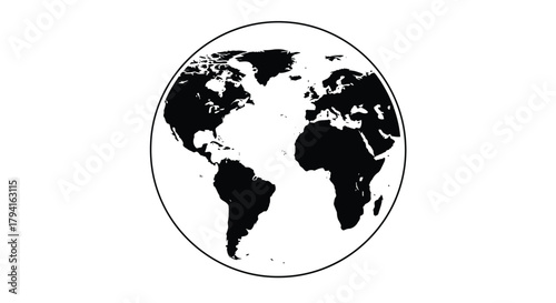 Black and white world globe icon illustration of continents map