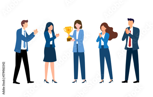 Happy smiling young woman winner holding the trophy award for success in business standing in office with a team of people colleagues applauding for company best employee reward.