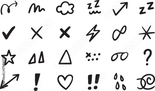 Line movement effect element, Hand drawn cute doodle line element arrow,  cartoon emotion effect decoration icon. emphasis, shock, sparkle. Anime movement, express shape. Vector illustration.