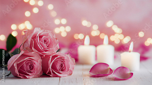Romantic pink roses with candles and soft bokeh lights background