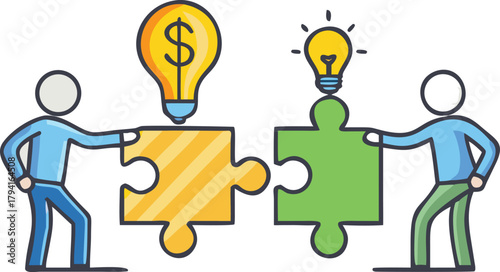 Collaboration brings bright ideas and financial success illustrated with puzzle pieces