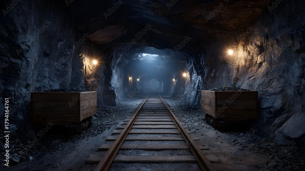 Fototapeta premium An atmospheric view down a dark dusty mine tunnel with railway tracks and laden mine carts illuminated by industrial lamps