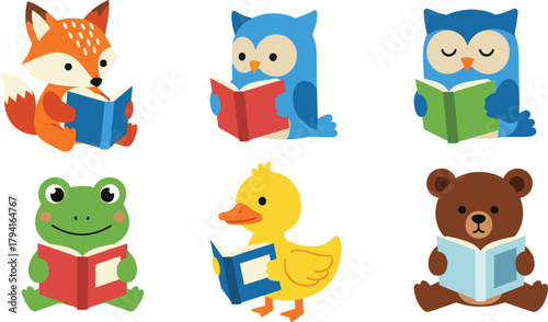 Cartoon animals reading books, educational character illustration, literacy theme vector, child-friendly style, storytelling concept artwork, cute animal design, learning activity graphic