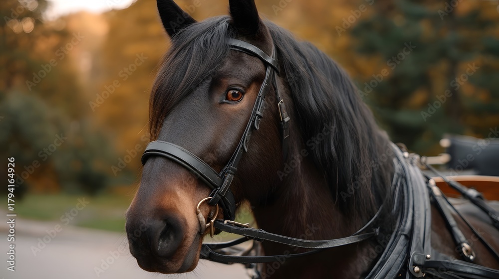 Obraz premium A dark brown horse wearing a leather harness stands in an autumnal landscape during golden hour