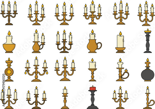 Cartoon candle collection, candlestick illustration set, lit wax designs, decorative holders, colorful flame artwork, vintage style, child-friendly vector, cozy ambiance, artistic home decor