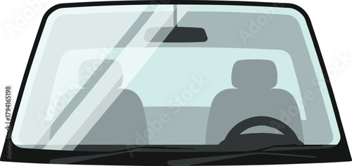 Cartoon car interior, front seat view, windshield reflection, right-hand drive vehicle, dashboard illustration, child-friendly vector, driving perspective, transportation design, automotive artwork