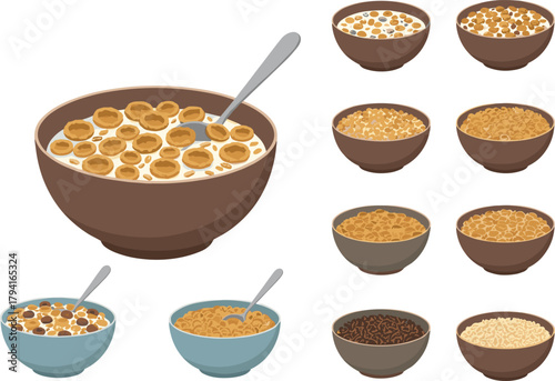 Cartoon cereal bowls, breakfast variety, milk and spoon, colorful food, round cereal, chocolate chips, healthy snack, grid layout, tasty meal, illustration, morning, cartoon style