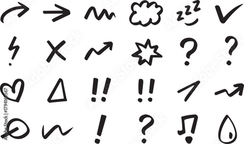 Line movement effect element, Hand drawn cute doodle line element arrow,  cartoon emotion effect decoration icon. emphasis, shock, sparkle. Anime movement, express shape. Vector illustration.