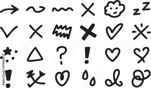 Line movement effect element, Hand drawn cute doodle line element arrow,  cartoon emotion effect decoration icon. emphasis, shock, sparkle. Anime movement, express shape. Vector illustration.