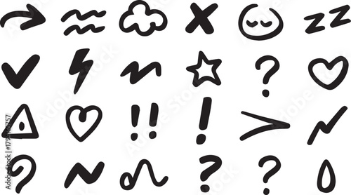 Line movement effect element, Hand drawn cute doodle line element arrow,  cartoon emotion effect decoration icon. emphasis, shock, sparkle. Anime movement, express shape. Vector illustration.