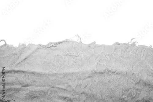 Textured white fabric with frayed edges and torn elements, perfect for showcasing intricate textile art in a visually captivating design On Transparent Background.