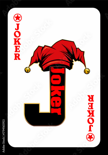 Red joker playing card with letter j and jester hat. Minimalist vector illustration for casino, poker, or graphic design template