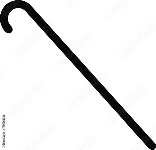 A simple black silhouette of a curved shepherd s crook on white background