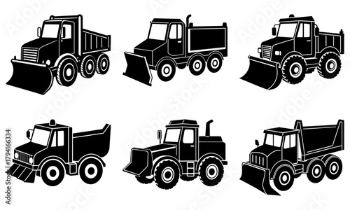 Construction trucks and snowplows in detailed black and white vector line art offer diverse vehicle options for building, winter, and transportation needs